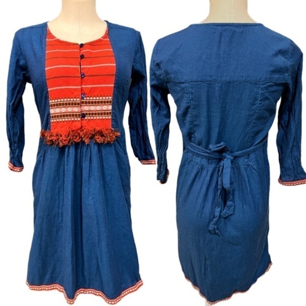 Melange Colour Me 100% Cotton Blue Long Sleeve Dress with Red Bib
